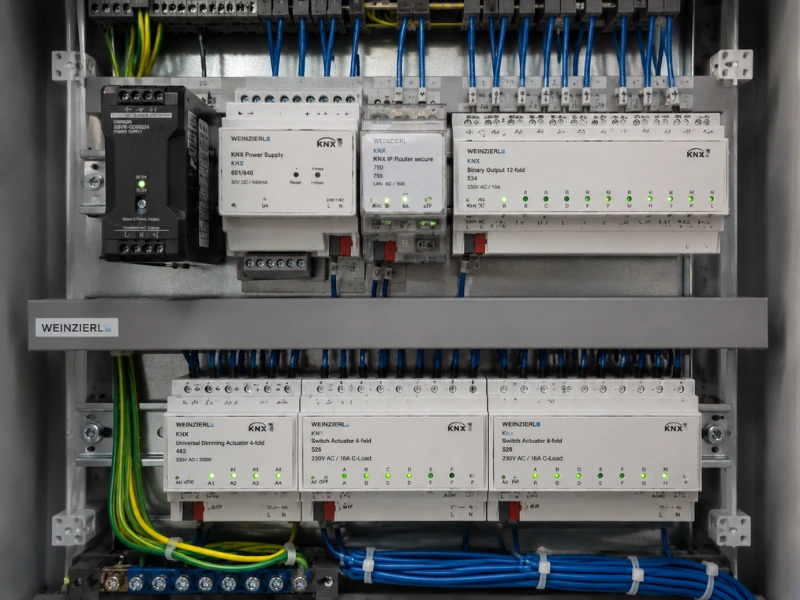 Hình ảnh thực tế dây cáp Bus màu xanh đặc trưng của KNX được đi gọn gàng trong tủ điện, minh họa cho sự ổn định và chống nhiễu.