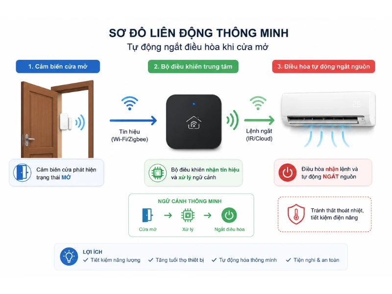 Kinh nghiệm dùng nhà thông minh để giảm tiền điện bằng kịch bản liên động điều hòa