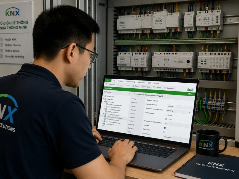 Kỹ sư sở hữu chứng chỉ KNX Partner tại Hà Nội đang lập trình hệ thống bằng phần mềm ETS6. 