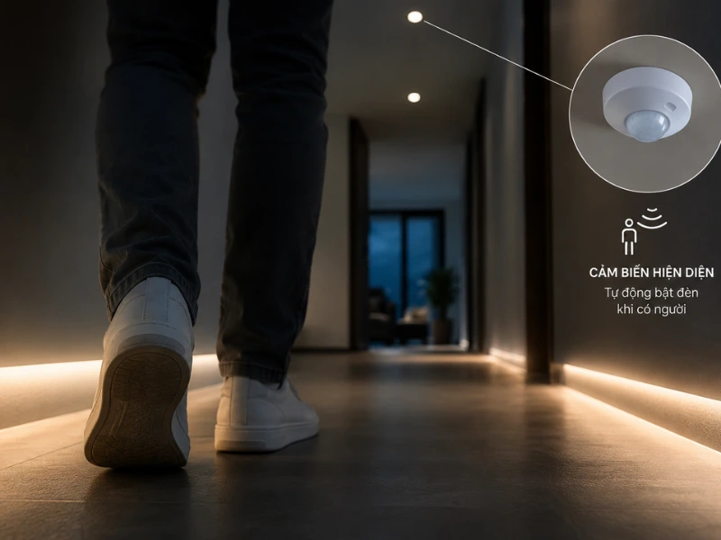 Giải thích smarthome tiết kiệm điện như thế nào qua hệ thống cảm biến hiện diện tự động tắt mở đèn.