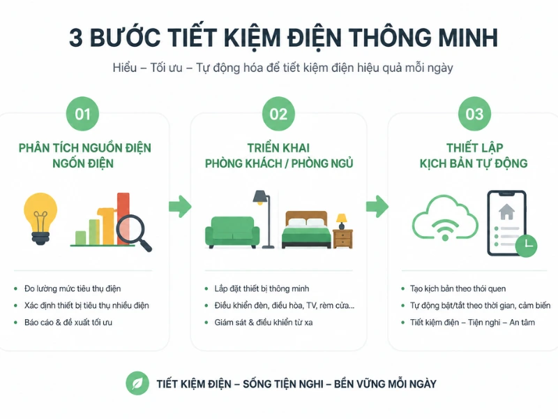 Sơ đồ các bước thiết lập hệ thống nhà thông minh tiết kiệm chi phí tối ưu cho căn hộ.