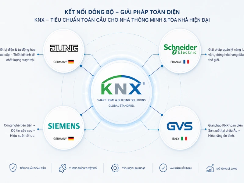 KNX xóa bỏ rủi ro độc quyền, cho phép gia chủ tự do lựa chọn thiết bị từ nhiều thương hiệu khác nhau trên cùng một hệ thống.